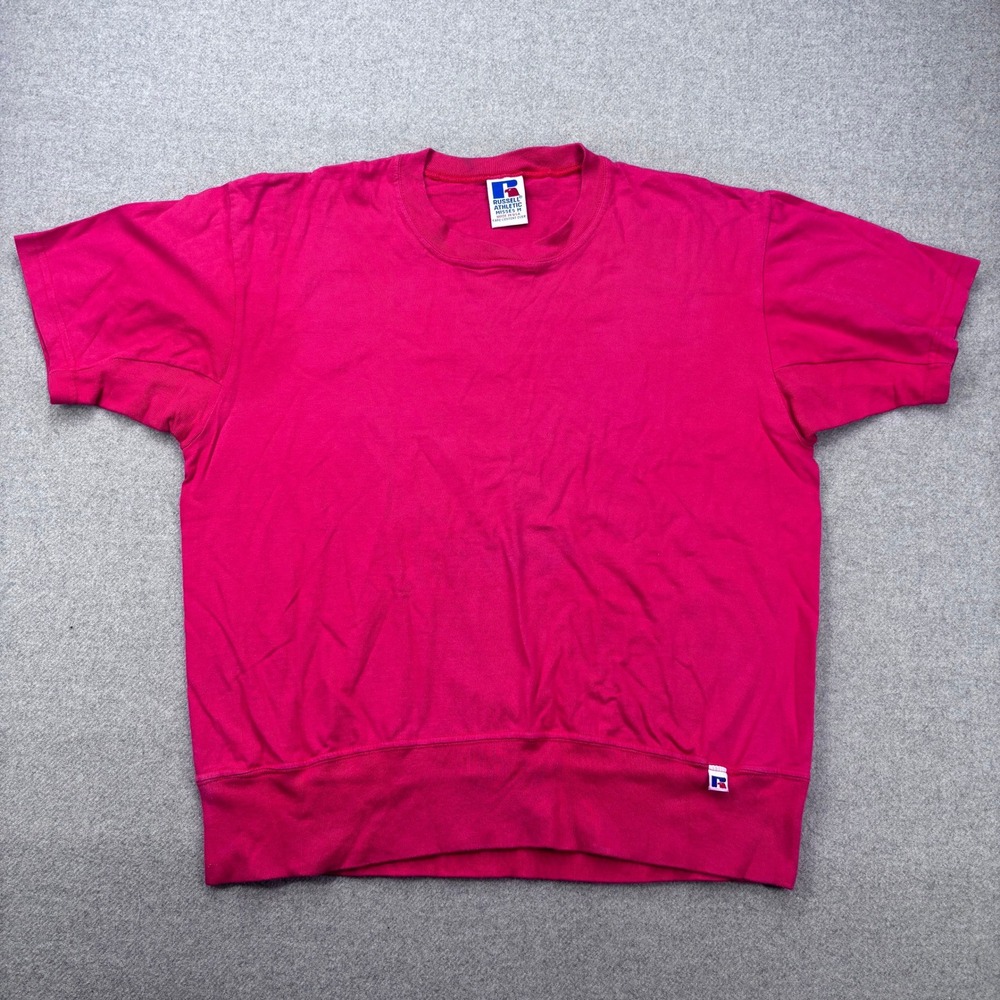 Vintage 90s Russell Athletic T-Shirt Womens M Pink Made‎ in USA Banded Hem